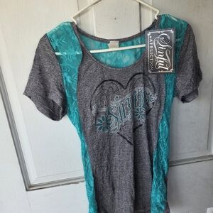 Gray and Teal Lace Women's Top Sinful Affliction Size Large Lace Y2k